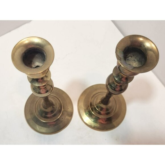 Vintage Brass Taper Round Candlestick Holders 8" Tall Set Of 2 Made in India - Picture 2 of 11